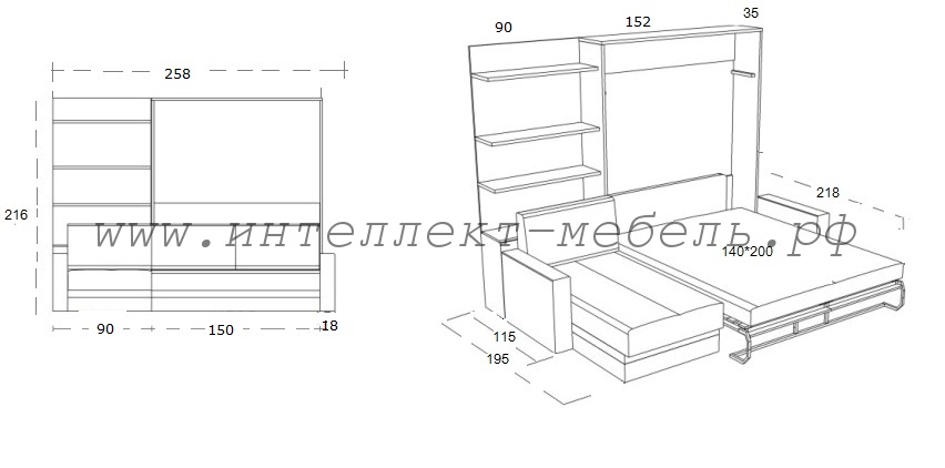 Чертеж шкаф кровати 180х200